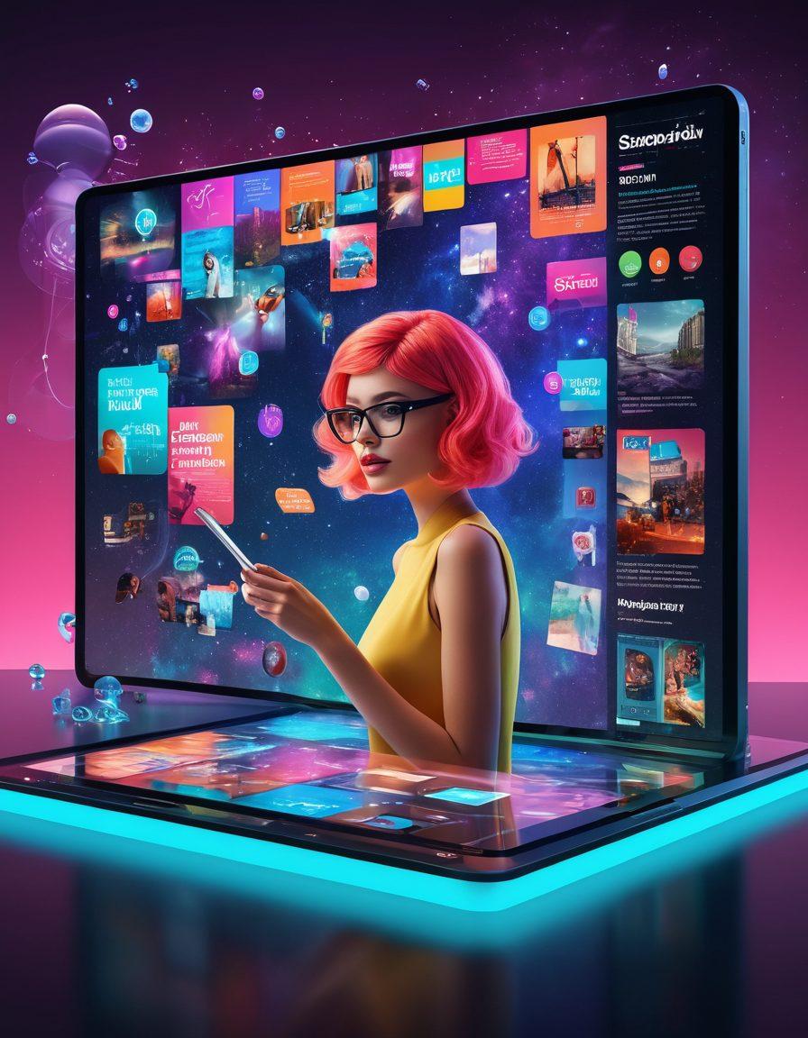 A futuristic digital landscape featuring a vibrant online magazine bursting with colorful stories and interactive elements, showcasing a diverse audience engaging with tablets and holograms. Include floating text bubbles displaying snippets of captivating articles. The setting should embody a blend of entertainment and lifestyle, with dynamic visuals of entertainment icons and lifestyle imagery in the background. sleek and modern design. vivid colors. 3D.